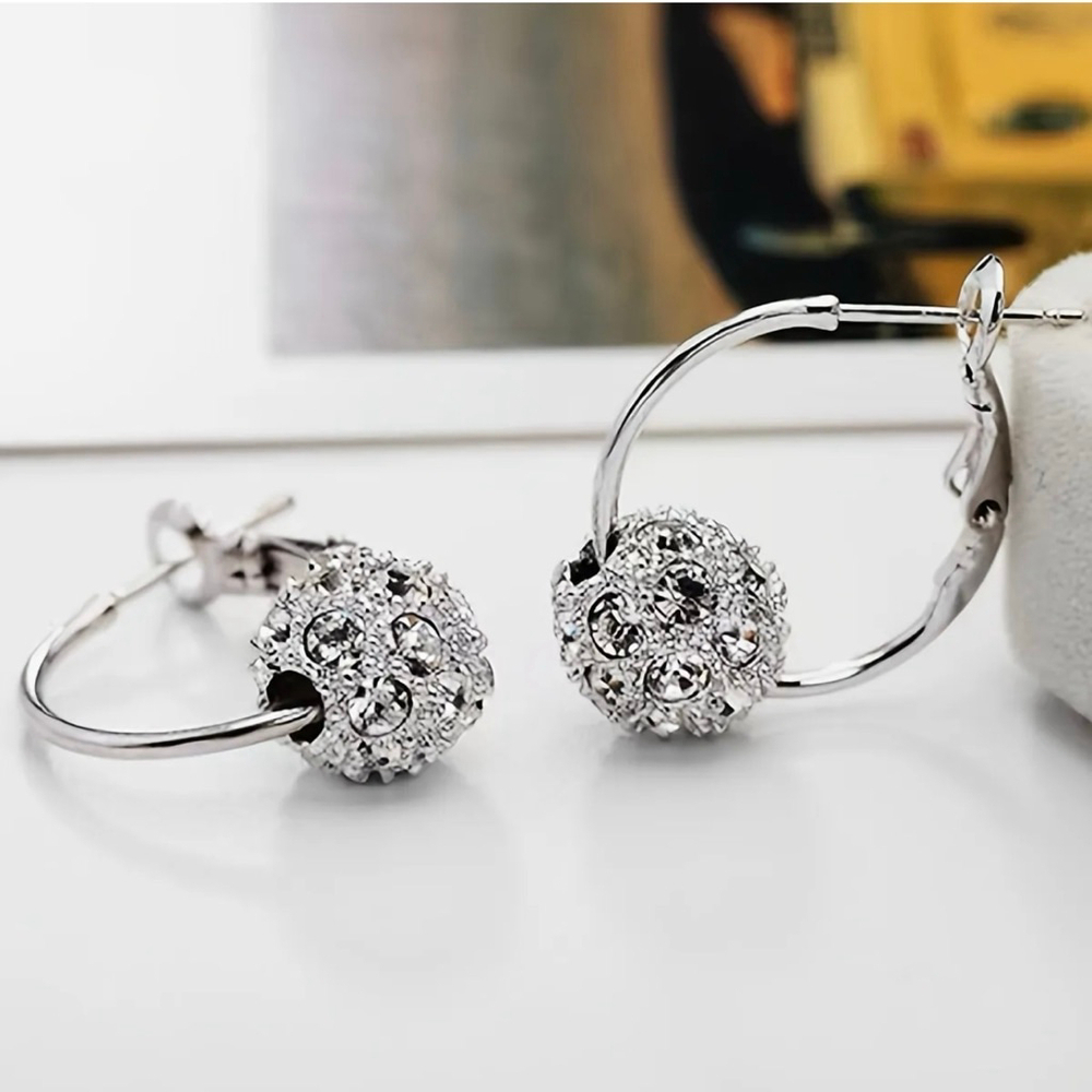 Crystal Ball Hoop Earrings Rhinestones Silver Boho Chic